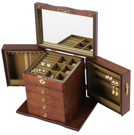 Schmuckkasten mit 5 Schubladen Schmuckschatulle Groß Holz Schmuckkoffer + Spiege