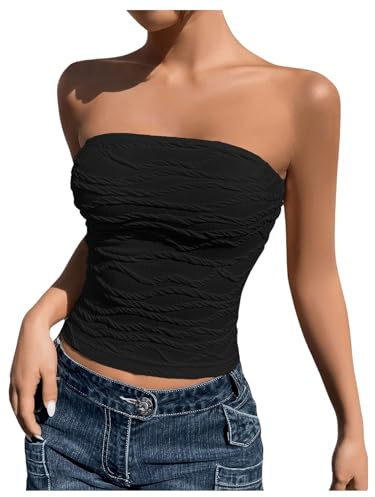 GORGLITTER Bandeau topp damer sommar crop top axellös stickad topp tub topp Y2k axelbandslös topp, svart, S