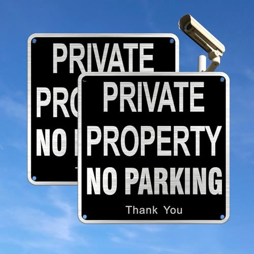 SINMAO Segnali per proprietà privata per esterni in alluminio spazzolato piccolo, 15 x 15 cm, con autoadesivo, cartello No Parking in Front of Gates, in metallo, colore grigio, 2 pezzi