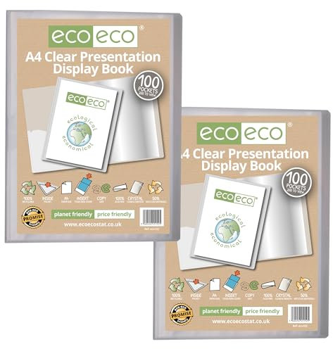 eco-eco Transparentes Präsentationsbuch im A4-Format, 50% recycelt, 100 Hüllen, Aufbewahrungsbox, Portfolio, Kunstmappe mit Kunststoffhüllen mit transparenter Sichtbox, 2 Stück, eco152 x 2