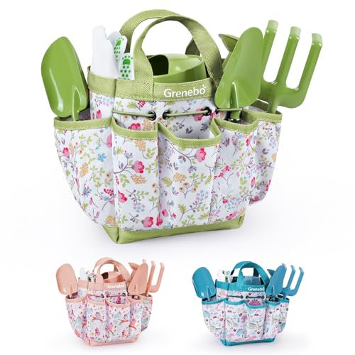 Kids Gardening Tool Set - Sturdy Metal & Wooden Tools for Ages 3-12 with Shovel, Rake, Watering Can, Gloves, Waterproof Apron & Tool Bag - Outdoor Educational Gift Toys for Boys Girls (Green)