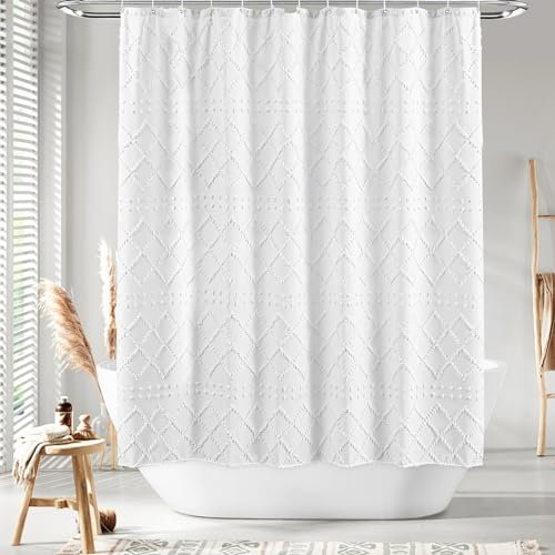 AIBIIN Boho-Duschvorhang, getuftete Texturen, Duschvorhang, Bauernhaus-Stoff, modern, elegant, Badezimmer-Dekor, wasserdicht, mit 12 Haken, 180 x 180 cm, Weiß