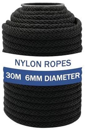 NQ 6mm Dia x 30 Meters Nylon Rope, 1/4 inch Nylon Cord for Outdoor, Camping, Hiking, Heavy Duty Rope, DIY String for Crafts, Clothesline, Swing(Black)