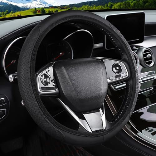 Black Leather Steering Wheel Cover Universal 14.5-15 Inch (37-38cm) Anti-Slip Breathable Soft Microfiber Car Wheel Cover for Cars Trucks SUVs Steering Wheel Protector​