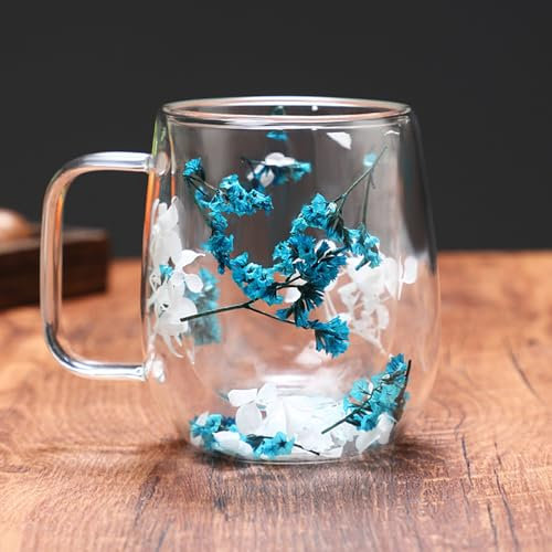 Richaa Getrocknete Blumen Doppelwandige Gläser mit Griff 250ml Latte Macchiato Gläser Cappuccino Tassen Kaffeetassen Mug Originelle Geschenke Coffee Glasses