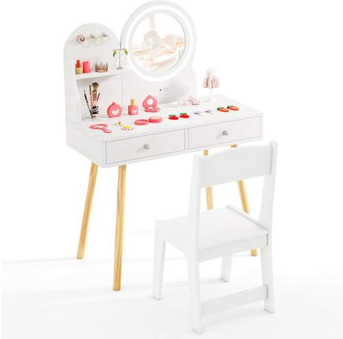 DREAMADE Schminktisch Kinder, Schminktisch aus Holz mit 2-Farbiger LED-Lichtern, Kinderschminktisch mit offener Ablage & 2 Schubladen & 3 Haken, Prinzessin Frisiertisch für Kinder ab 3 Jahren (Weiß)