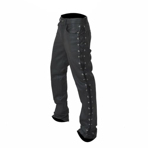 Men's Black Leather Biker Pants - Side Laced Motorcycle Jeans, Stylish & Durable Riding Trousers for Men (UK, Waist & Inseam, 38, 30, Standard, Black)