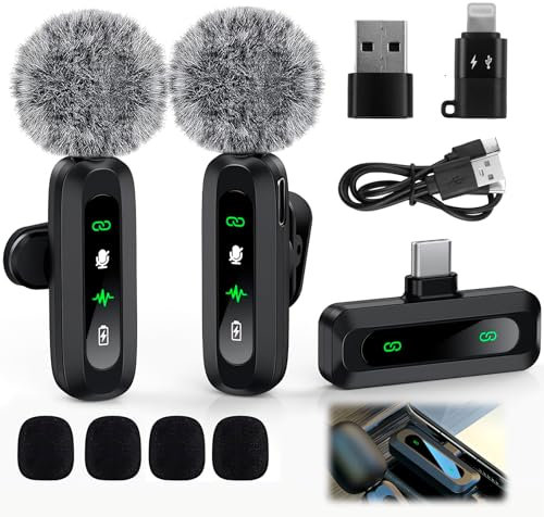 Micro cravate sans fil pour Android et iPhone, iOS – Lot de 2 mini micros avec réduction du bruit, appariement automatique, silencieux et réverbération, micro Bluetooth pour Vlog, YouTube, TikTok