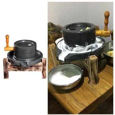 Mulino a pietra per cereali fatto a mano con supporto in legno, mulino manuale per pasta alimentare per macinare latte di soia umido, succo di mais, macina a manovella per cereali umidi (22 cm x 35