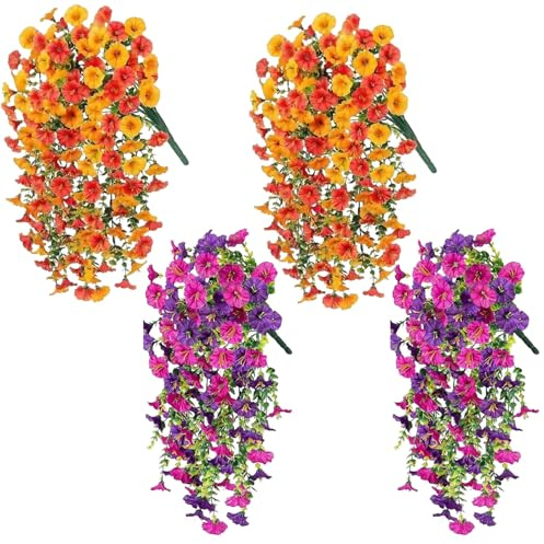 4 Pcs UV-Resistant Artificial Hanging Flowers Outdoor Realistic Trailing Artificial Plants Morning Glory Fake Plants for Garden Patio Decor Purple and Orange All-Season Use No Maintenance Required