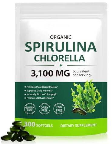 VOGSIG Spirulina Chlorella Capsules,17-in-1 Supergreens Blend Rich in Protein, Chlorophyll, Vitamins, Supports Energy, Immune & Gut Health, Easy Absorption,300 Softgels