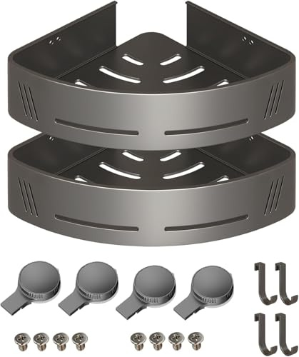 Gun Grey Corner Shower Caddy, 2 Pack Suction Cup Shelves with Hooks