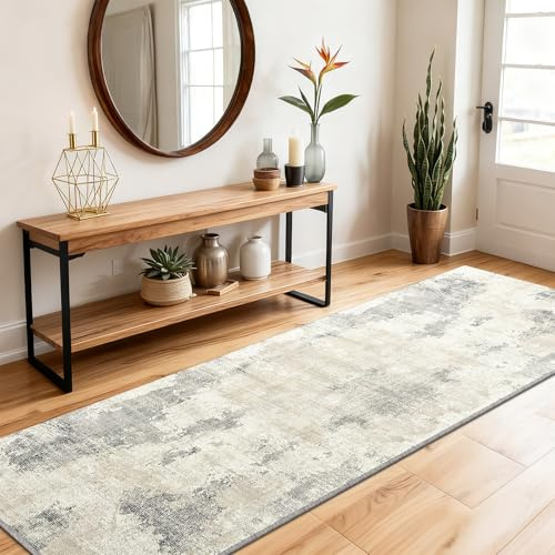 SOANNY Teppich Läufer, Kurzflor rutschfest Superweich 60x180 cm, Beige-Grau | Modern Abstrakt, Waschbar, Pflegeleicht, Für Flur Korridor Küche Treppe Bettumrandung Wohnzimmer Schlafzimmer Büro