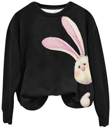 Dam Påskhare Tryck Sweatshirt - Rund hals Långärmad Ledig Pullover, Svart, 3XL