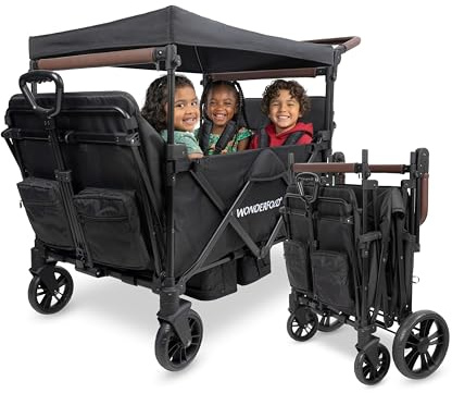 WONDERFOLD X4R Rev Stroller Wagon (4 Seater) - Collapsible Stroller Wagon with 5-Point Seatbelt Harnesses, Reclining Seats & Footwells, Black