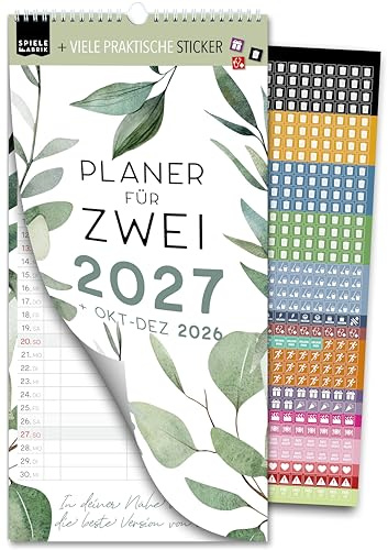 Spielefabrik® Familienkalender 2027 3 Spalten Paarkalender 16 x 32,5 cm FLORAL Kalender mit Sprüchen für 2 Personen Paarplaner Romantischer Partnerplaner Wandkalender Natur mit Ferien Stickern