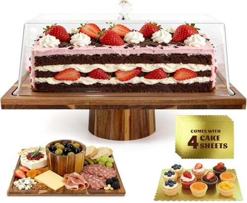 Rectangle Wood Cake Stand with Lid, Extra Large 17 Display Cake Plate | Wooden Dessert Display Server Tray with Acrylic Cover & 4 Bonus Cake Sheets for Birthday, Kitchen, Party, Wedding