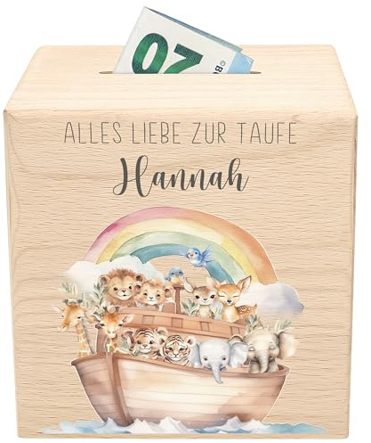 Taufe Spardose für Kinder mit Schlüssel personalisiert Taufgeschenk Jungen & Mädchen Sparschwein Holz Arche Noah Holzspardose