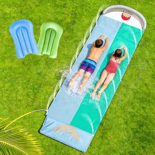 KBIBCK Wasserrutsche Garten, 550 * 145cm Doppel Wasserrutschmatte mit Eingebautem Sprinkler, Rutschbahn Outdoor Wasser mit 2 Bodyboards, Rasen Wasserrutschmatte für Sommer Garten Pool Outdoor