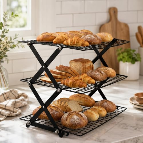 Collapsible Cooling Rack – 3-Tier Upgraded Collapsible Cooling Rack with Adjustable Settings, Compact Storage, Rapid Cooling for Freshly Baked Goods, Perfect for Home Bakers & Gifts (Black)