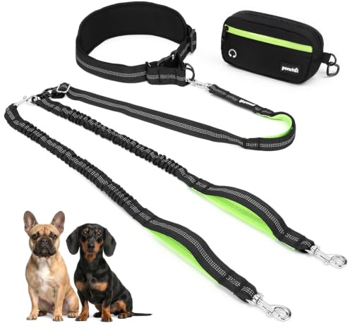 Pecute Koppel med 2 hundar, handsfree hundkoppel med bananväska | Canicross bälte för löpning och promenader, stötdämpare säkerhetssele med reflekterande handtag för hundar 5-15 kg