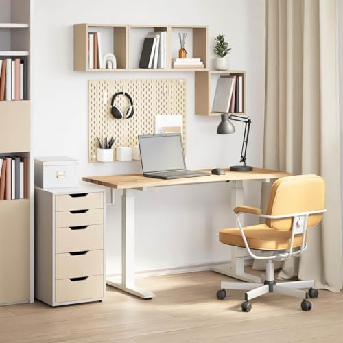 LoogCape Höhenverstellbarer Schreibtisch Weiß Natur, Massivholz Eiche 140 x 60 cm mit Stahlrahmen, Stehpult für Homeoffice Büro Computer Laptop, ergonomisch mit Kabelmanagement, für innen