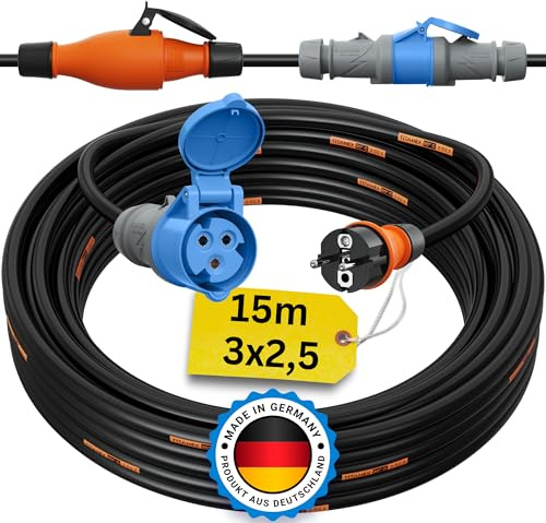Schuko auf CEE Adapter 15m Camping Stromkabel TITANEX 3x2,5 Landstromkabel Wohnmobil Wohnwagen Kabel Camping Adapter 15 Meter Strom Verlängerungskabel CEE-Stecker Campingstecker