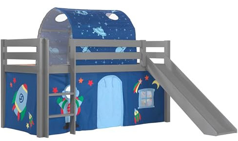 Vipack Spielbett Pino inkl. Rutsche mit Textilset Vorhang und Tunnel Astro Kiefer massiv grau lackiert