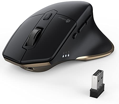 iClever Ratón Bluetooth, Modo Dual: Bluetooth + 2.4G inalámbrico. Ratón silencioso, Recargable, utilizable hasta en 3 Dispositivos y óptico. 7 Botones con 5 dpi Ajustables