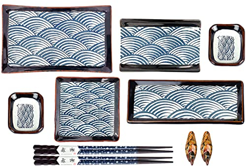 Artcome Juego de vajilla de cerámica de estilo japonés de 10 piezas con 4 platos de sushi, 2 platos de salsa, 2 pares de palillos, 2 soportes para palillos