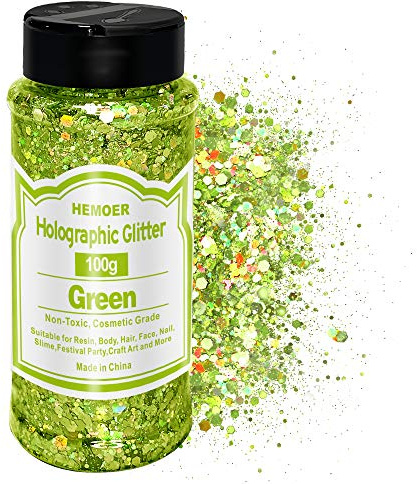 HEMOER Holographic Chunky Glitter, Grün 100g Chunky Pailletten Glitter, Craft Glitter für Harz, Gesicht, Nagel, Körper, Kunsthandwerk, Slime Festival Party Art, Glitzerpuder für Nägel Glitzer