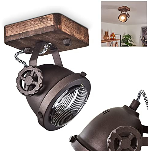 Deckenleuchte Herford, 1-flammige Zimmerlampe in Metall und Holz in Braun mit Glasschirm, Spot ist dreh- und schwenkbar, 1 x GU10, ohne Leuchtmittel