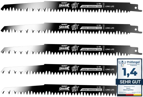 BAURIX® Lame per Seghetto SHARK® [5 Pezzi] - 240 mm - 5 TPI - Per Tagli Veloci e Puliti su Legno Grezzo, Umido, da Ardere e Vivo