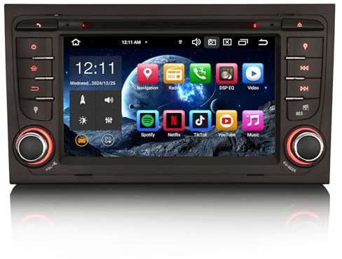 Erisin 8-Kern 4GB RAM 64GB ROM 7 Zoll Android 14 Autoradio mit GPS Navi Für Audi A4 S4 RS4 RNS-E Seat Exeo Bluetooth 5.0 Carplay Android Auto DSP WiFi DAB+ OBD2 DVD CD Player USB FM RDS Touchscreen