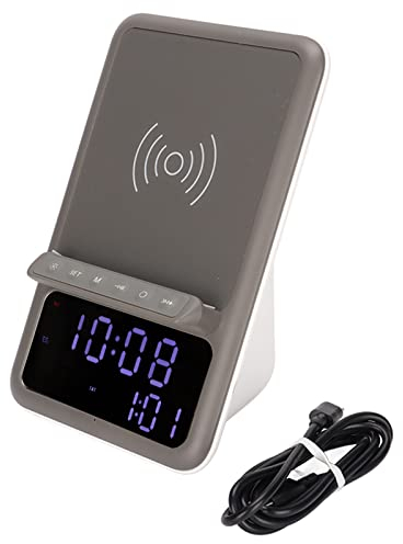 Reloj Despertador con Radio FM Junto a la Cama que No Hace Tictac con Cargador USB Y Carga Inalámbrica QI, Altavoz Bluetooth, Micrófono Integrado con Reducción de Ruido, Reloj Despertador Doble con Al