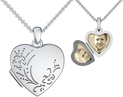 Amoonìc Herz Medaillon Foto Silber 925 antik Vintage Herzkette mit Foto Herz-Anhänger zum Öffnen mit Kette GRATIS Etui mit Ich Dich Gravur Medallion aufklappbar aufklappen befüllen FF100-2 SS92545