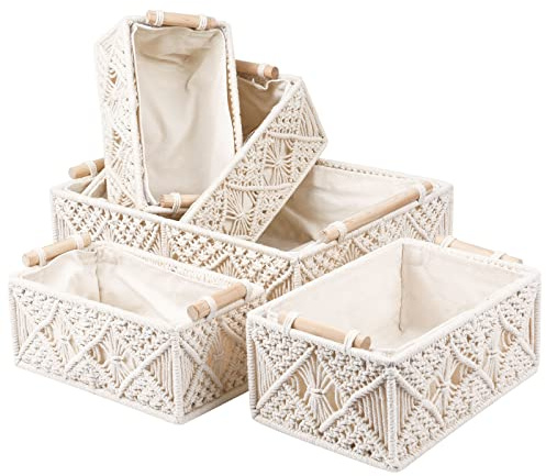 ANMINY 5PCS Macrame Storage Baskets for Organizing Boho Decor Baskets Storage Bins with Wood Handles Handmade Decorative Storage Boxes with Removable Liner Toilet Tank Bathroom Self Basket Organizer