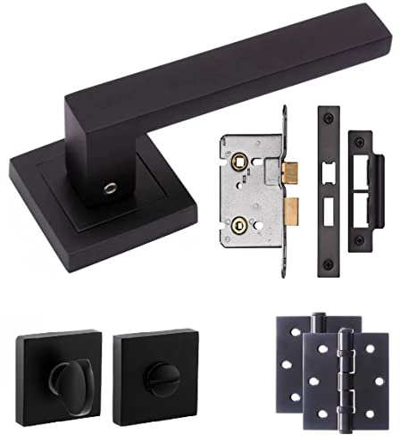 Golden Grace Delta Bathroom Door Handles with Mortise Lock, Bathroom Set | Includes fixing screws, matching thumbturn, and ball bearing hinges with a square rose backplate in matte black.