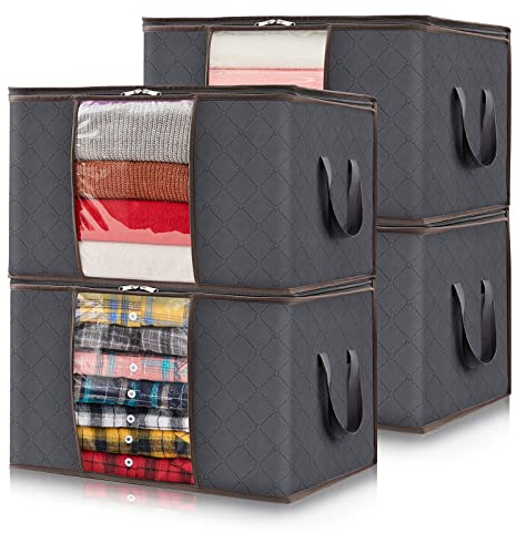 Lifewit 4 Stück Aufbewahrungstasche, Aufbewahrungsbox mit Deckel, Kleiderschrank Organizer Faltbare Kleideraufbewahrung Umzugskartons mit Verstärkt Griff für Bettdecken Kleidung Decke, Grau