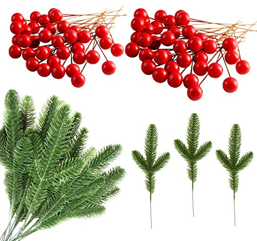 JINXIAN 20 Stück Künstliche Kiefer Zweige mit 100 Stück Berry Weihnachten | Adventskranz Deko Weihnachtskranz DIY Zubehör für Weihnachten und als Haus und Garten Dekoration