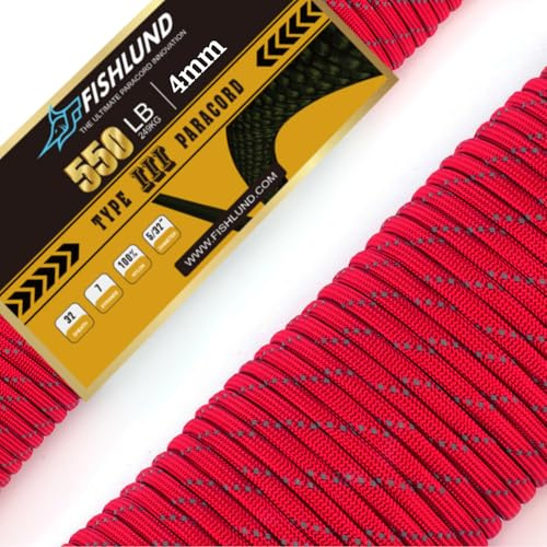 FISHLUND 4 mm Paracord 550 Nylon 7 Stränge Fallschirmschnur Typ III für Camping, Outdoor - Reflektierende Rot - 15m