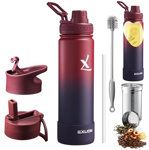 Lexlion Tea Infuser Water Bottle 22 Oz – Triple Wall Insulated Stainless Steel, Loose Leaf & Fruit Strainer, 3 Leakproof Lids, BPA-Free Silicone Sleeve, Reusable Thermal Mug