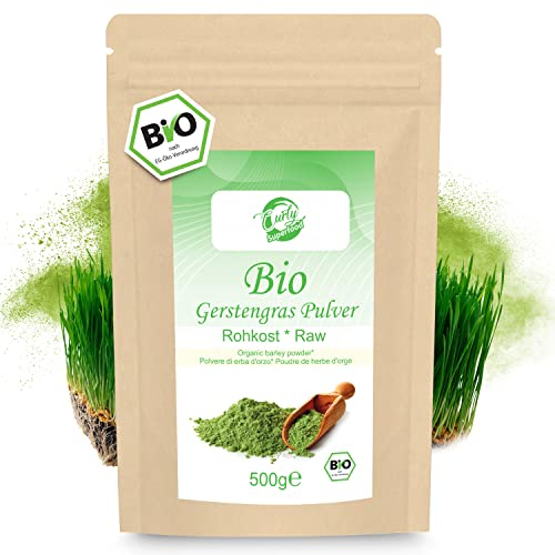 Curly Superfood Gerstengras Pulver Bio 500g - 100% naturreine BIO Rohkostqualität aus deutschem Anbau - Fein gemahlenes Gerstengrassaft Pulver Bio für Smoothies, Säfte & Co