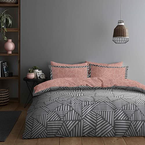 Super Dreamer 4 Pcs Printed Striped Bedding Set- Reversible Duvet Cover Double Size,Soft Bedding Fitted Sheets with Pillowcases- Polycotton Complete Bed Set