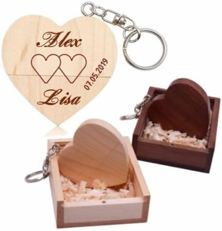 Personalisierte USB-Stick + Geschenkbox aus Holz massiv mit Gravur Wunschtext Herz Liebe Hochzeit Wunschgravur Speicherstick Flash Drive 32/64/128 GB 3.0 Geschenkidee individuell (Ahorn, 64GB 3.0)