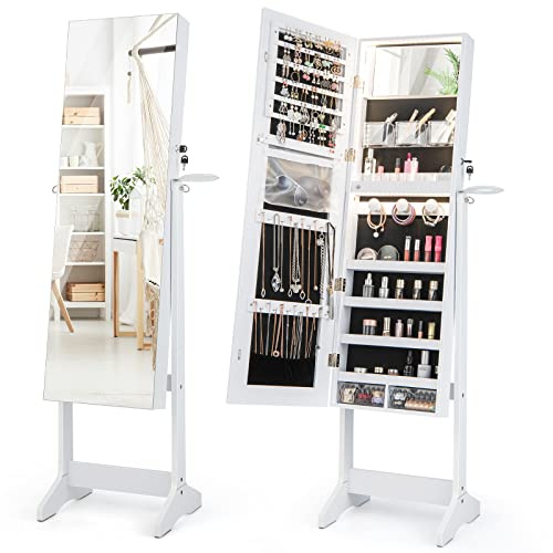 COSTWAY Specchio Portagioie da Terra, Armadio Portagioie con Luci LED Regolabile, con Porta Asciugacapelli, per Camera da Letto, 41 x 37 x 156 cm
