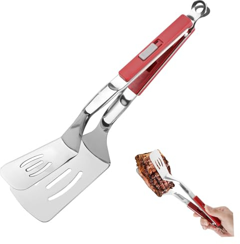 Jrsoul He Anti-Scald Extended Handle Spatula Tongs 11.6 Inch Multifunctional Stainless Steel Cooking Tongs Food Shovel Clamp for Flipping Steak Fish Bread Hamburger BBQ Frying Pancake Pies Pizza