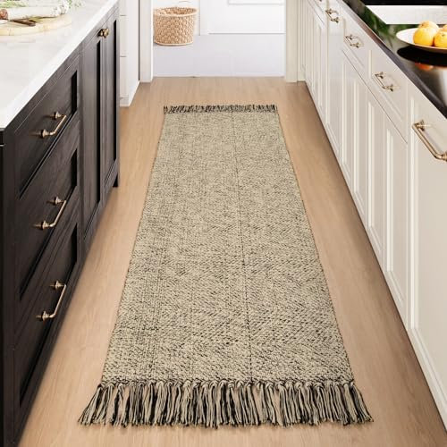 Collive Farmhouse Hallway Runner Rug, 2x6 Hand-Woven Reversible Washable Runners for Kitchen Floor, Natural/Black Cotton Laundry Room Rugs Modern Boho Kitchen Sink Carpet for Bathroom Foyer Bedroom