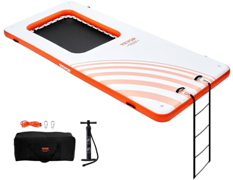 VEVOR Quai flottant gonflable, 4,57 x 1,98 m plate-forme de quai gonflable avec piscine maille 1,21 x 1,82 m, tapis d'eau antidérapante avec sac portable et échelle amovible pour détente piscine plage