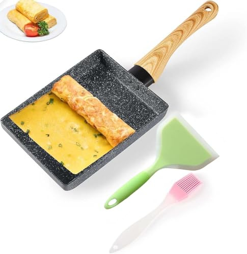 Trusttread poele omelette japonaise,tamagoyaki poêle rectangulaire,revêtement antiadhésif poêle à omelette avec spatule en silicone et pinceau à huile (Gris)
